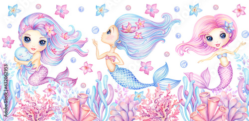 Bild auf Leinwand Cute little  Mermaids seamless border