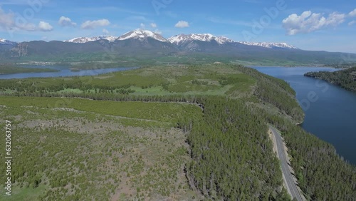 Natural scenery of road around Dillion Reservoir and high mountains backdrop. Colorado Mountains, aerial landscape. photo