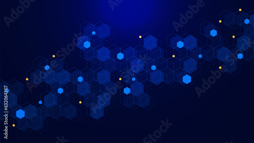 Abstract molecular structure with hexagons for big data visualization, global network connection and communication technology background.