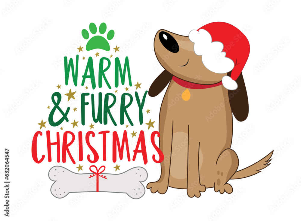 Φωτογραφία Warm and furry Christmas - greeting with cute dog in Santa hat and paw print and dog bone