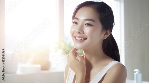 The beautiful young woman was smiling and looking at the mirror while wearing a spa towel and showing off her smooth skin and clear skin.