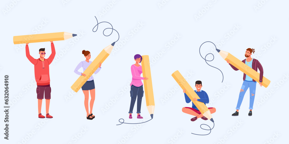 People large pencil. Funny young students holding writing or painting of giant pencils, person education concept guy and girl characters with school stationery vector illustration People large pencil. Funny young students holding writing or painting of giant pencils, person education concept guy and girl characters with school stationery vector illustration