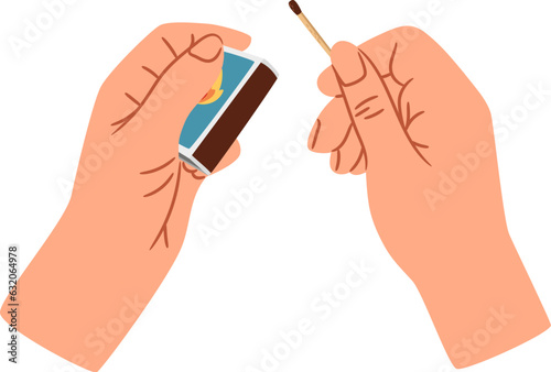 Hands holding a box of matches. Vector illustration of mans hand lights a match using matchbox. Fire safety, lighting concept