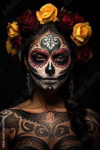 hispanic woman wearing sugar skull makeup - created using generative AI tools