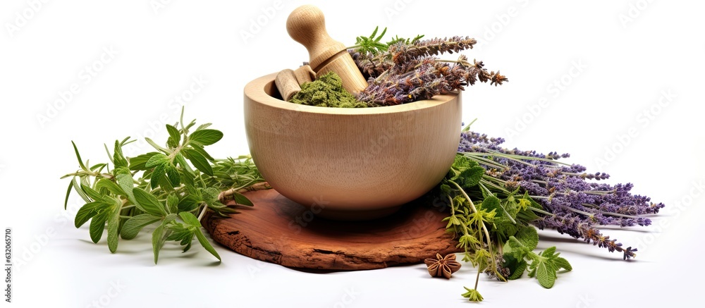 The picture shows a top view of medicinal herbs in a mortar with a pestle on a white background. It represents herbal medicine. - obrazy, fototapety, plakaty 