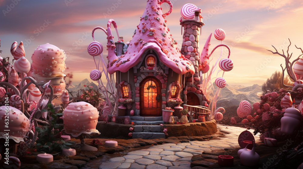 Candy Cauldron Cottage": A charming cottage sits nestled in a candy forest, its rooftop adorned with lollipops and candy canes. Witches brew sweet potions in cauldrons bubbling wit Generative AI - obrazy, fototapety, plakaty 