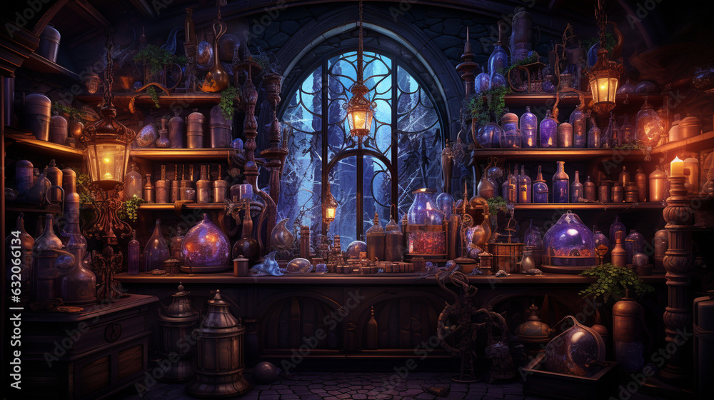 Explore a mysterious potion parlor adorned with shelves of shimmering elixirs, bubbling cauldrons, and spellbooks that emit an otherworldly glow. Generative AI