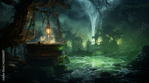 Witch's Brew Cauldron: A misty moonlit night sets the scene as a gnarled tree stands guard over a bubbling cauldron. Eerie green light spills from within, casting eerie shadows acr Generative AI