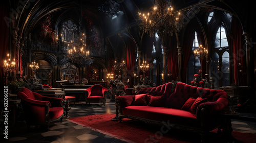 Vampire's Velvet Lounge: Inside a grand mansion, a lavish lounge awaits with velvet drapes and ornate furniture. Vampires and guests mingle, sipping crimson cocktails and enjoying Generative AI © Julia