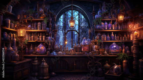 Foto Explore a mysterious potion parlor adorned with shelves of shimmering elixirs, bubbling cauldrons, and spellbooks that emit an otherworldly glow