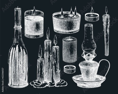 Hand drawn candles sketches collection on chalkboard. Vector illustrations of burning wax, oil lap, paraffin candles. Aromatherapy, meditation, home decor, interior. Vintage Halloween design elements