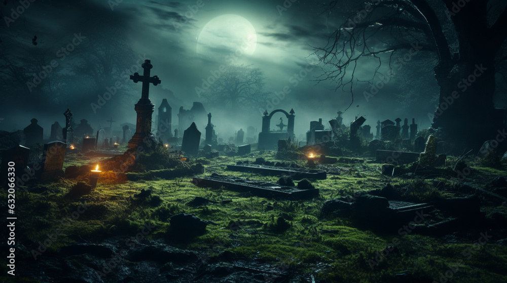 In a forgotten graveyard, ancient tombstones shimmer with an otherworldly glow as spirits emerge from the earth, sharing secrets of the past with curious visitors. Generative AI