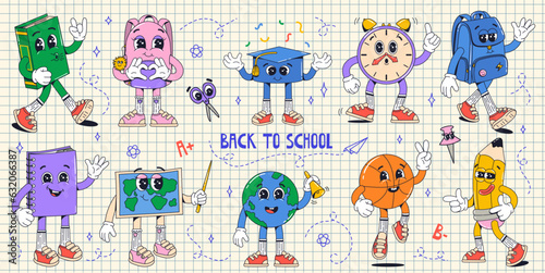 Set isolated school supplies groovy characters in gloves on white background. Bagpack, book, map, ball, pencil, clock, globe, hat square. Flat retro classic cartoon style. Back to school.