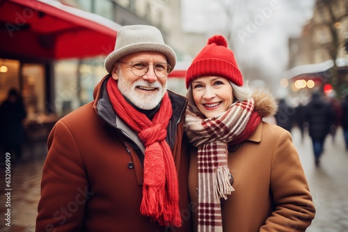 Portrait of happy retired man and woman in warm clothes walking outdoors on street. Loving senior couple enjoying a walk together on a cold winter day