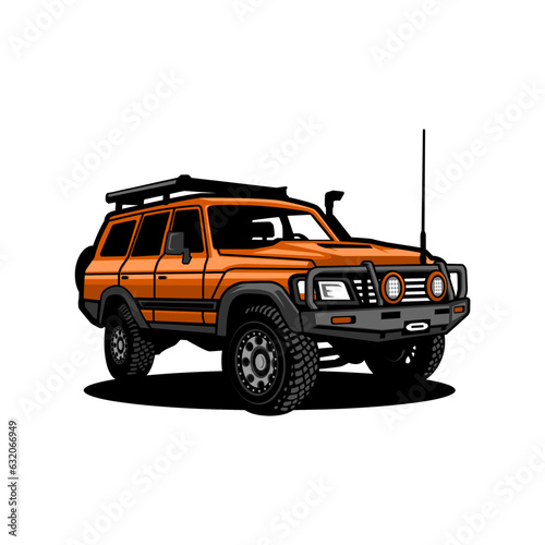 Orange color overlander vector illustration. Using roof racks, antenna, snorkel and front bumper with fog light. Perfect for use as stickers, logos and posters.