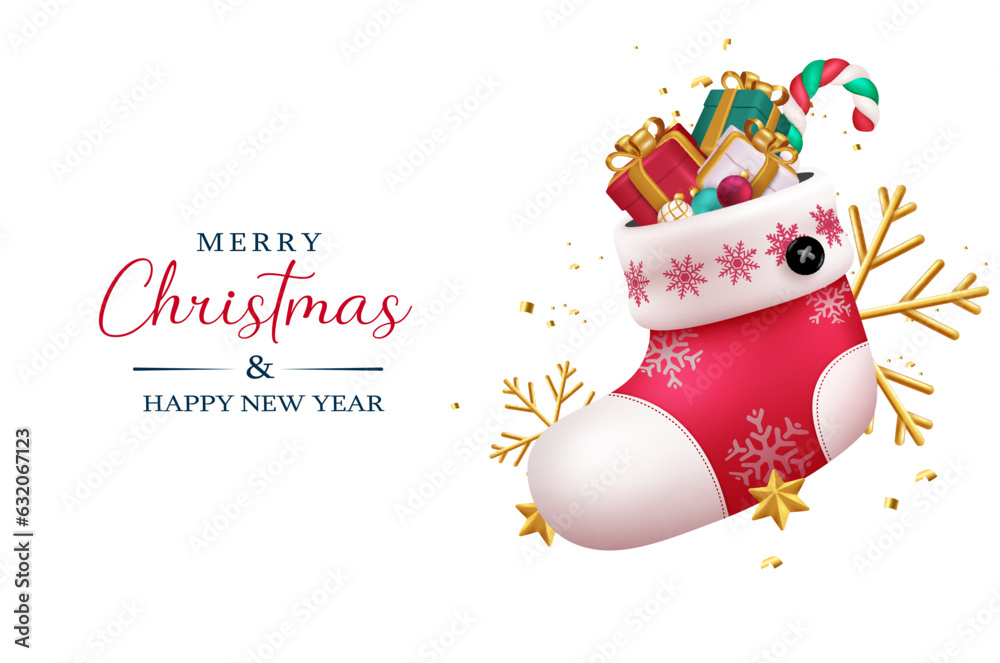 Christmas santa sock vector design. Merry christmas and happy new year greeting text with santa stocking in elegant background. Vector illustration holiday season decoration.
