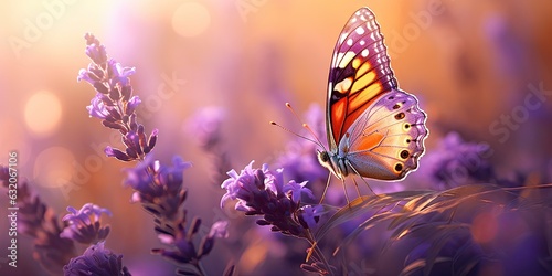 Purple lavender fields in summer. Beautiful nature landscape with flowers in outdoor meadow. Colorful butterfly and wildflower