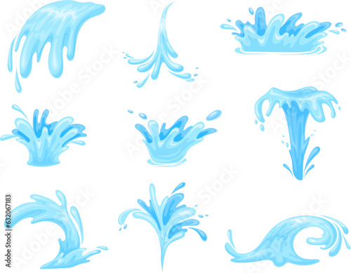 Cartoon water jets. Fontains or waterfalls falling streams, 2d liquid splashing fx ocean wave effect, watered splatter flow drop stream splash for game, neat vector illustration