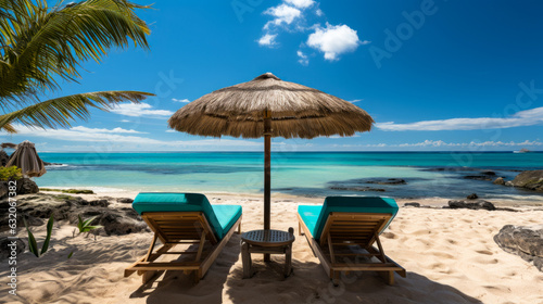 Two wooden sunbeds and umbrella on sandy beach with turquoise sea. Generative AI