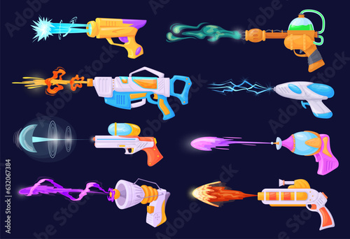 Blasters shoot. Plasmic laser guns, beam shotgun futuristic weapons for shooting game hero alien space combat, fire vfx shot blaster pistol, cartoon comic neat vector illustration