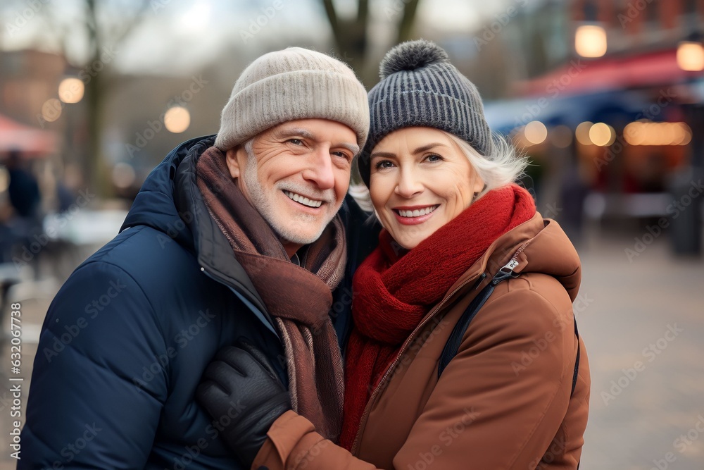 Portrait of happy retired man and woman in warm clothes walking outdoors on street. Loving senior couple enjoying a walk together on a cold winter day