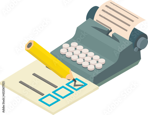 Voting history icon isometric vector. Old typewriter and bulletin with checkmark. Democracy concept, vote, referendum