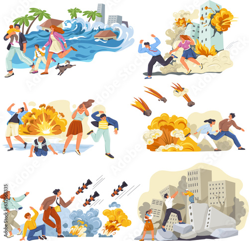 Frightened people escape. Terrified woman and man panic run from danger terror unsafe city explosion building, afraid couple or scream employee running, recent vector illustration