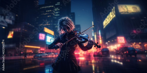 a cyberpunk woman playing violin in a futuristic city in the night