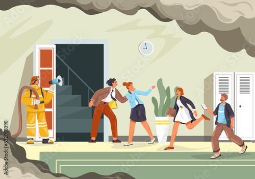 People evacuation. Fire evacuating employees to safety emergency escape, evacuate instruction plan employee leaving office building run in doorway exit, recent vector illustration