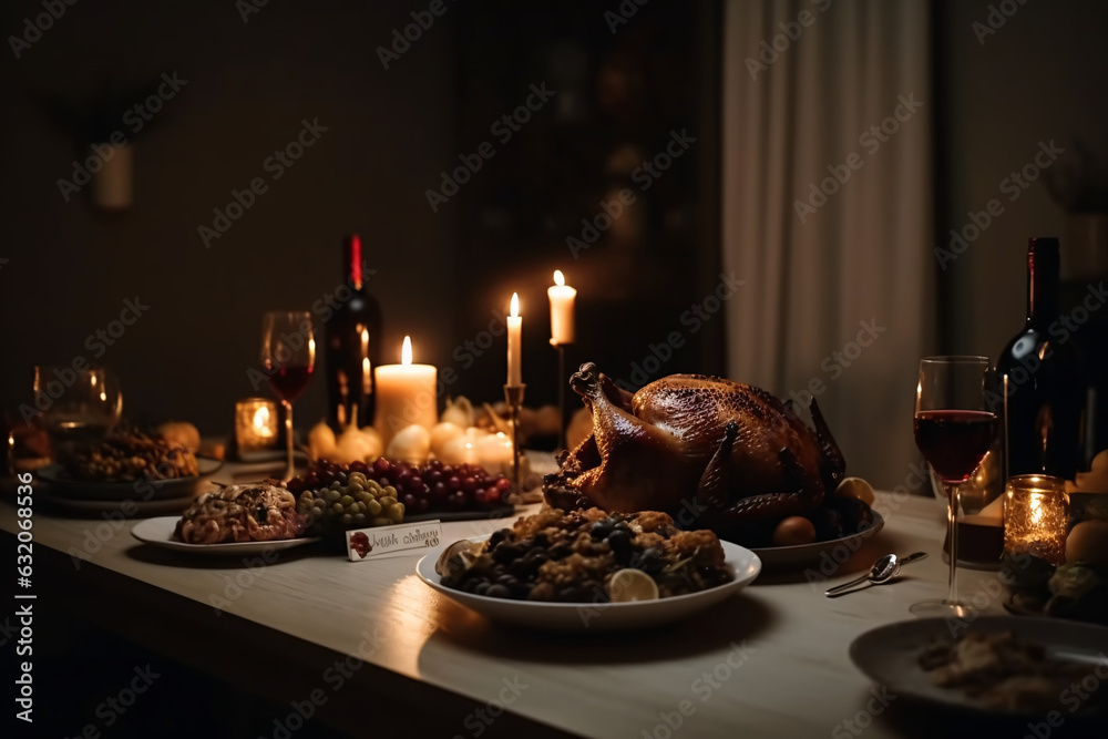 Autumn celebration with roasted chicken and candle-lit dinner table.