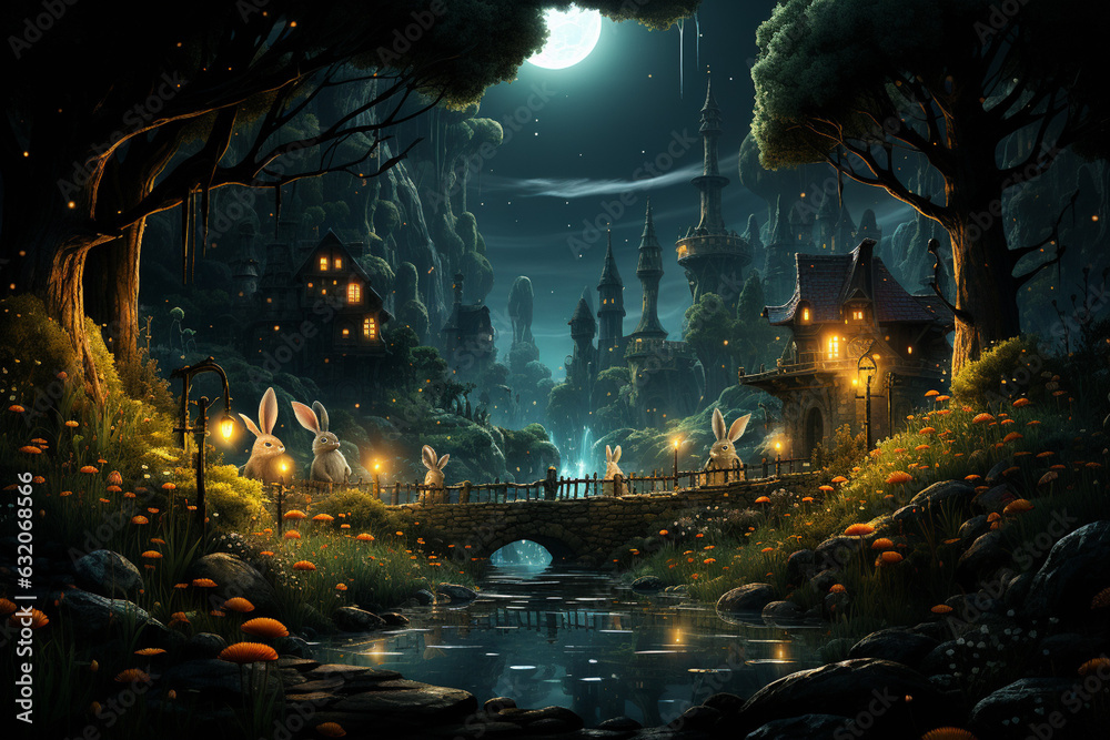 illustration of mysterious river in fairy tale forest at midnight with moonlight