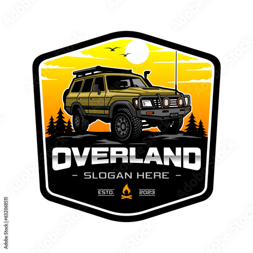 Illustration of a yellow overlander car logo, with a sunset background. Perfect for use as logos, posters, banners and t-shirts.