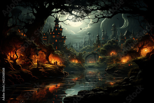 illustration of mysterious river in fairy tale forest at midnight with moonlight