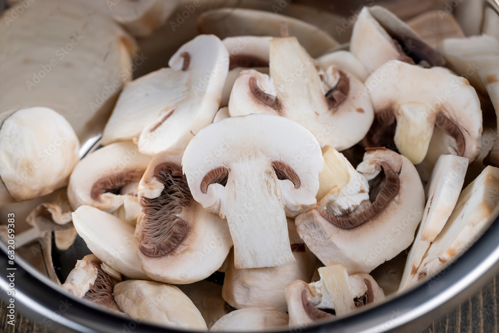 sliced mushrooms during cooking dishes with champignons sliced mushrooms during cooking dishes with champignons