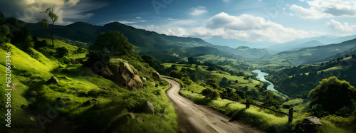 panorama of the mountains with road beside reiver