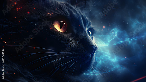 Astral magical fire ice black cat face close up hd desktop wallpaper ai generated