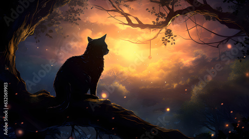 Cinematic black cat sitting on a tree branch in a wild forest hd desktop wallpaper ai generated