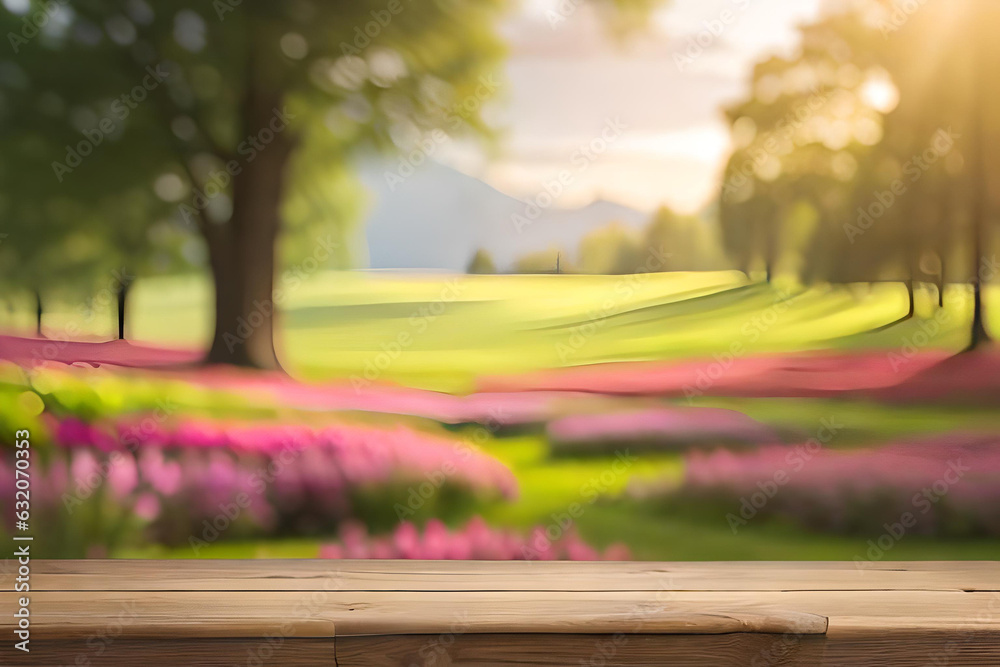 spring green meadow bokeh background with empty wooden table for product display, nature blurred background