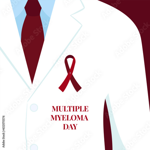 Multiple myeloma awareness day poster background. World bone marrow cancer month. Doctor with burgundy ribbon pin on white coat. Solidarity concept design. Healthcare support. Vector illustration.