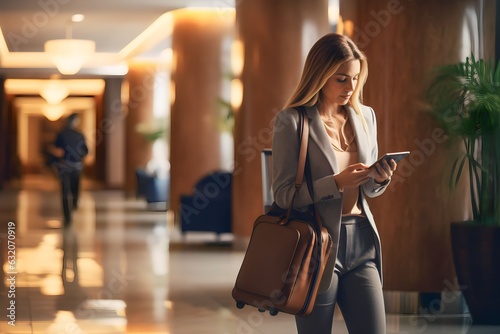 Woman using cell phone and pulling her suitcase in hotel lobby. Business woman traveler walking in hotel hallway