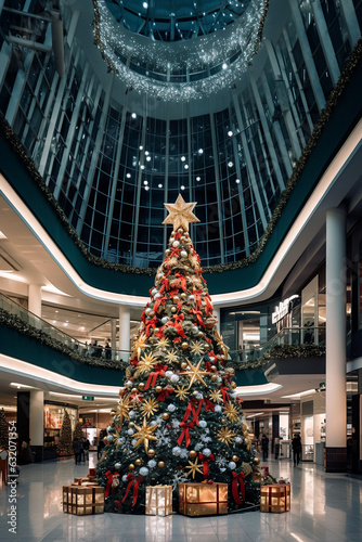 Christmas illustration of a large christmas tree in a mall 