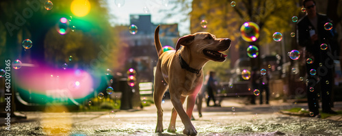 Charming urban dog chasing enchanting soap bubbles in a vibrant, lively playground - capturing the exuberant city life joy. Generative AI