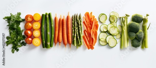 Various vegetables sliced into sticks placed on a light grey table. Room for adding text. © HN Works