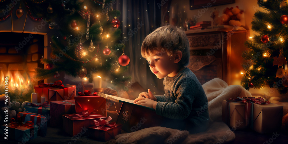 Christmas illustration of young boy at christmas opening presents by the tree Christmas illustration of young boy at christmas opening presents by the tree