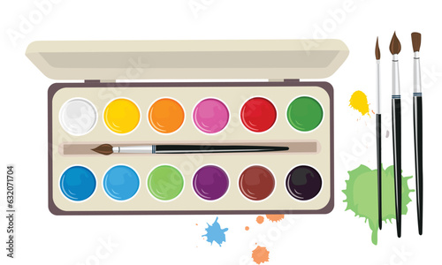Watercolor paint box with paint brushes vector illustration. Watercolor paint box with colorful round paint pots. Back to school concept. School supplies collection. Art concept. Cartoon style.