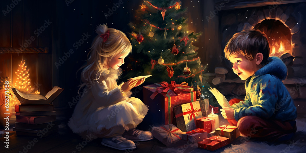 Christmas illustration of young siblings unwrapping presents by the tree and cosy fireplace