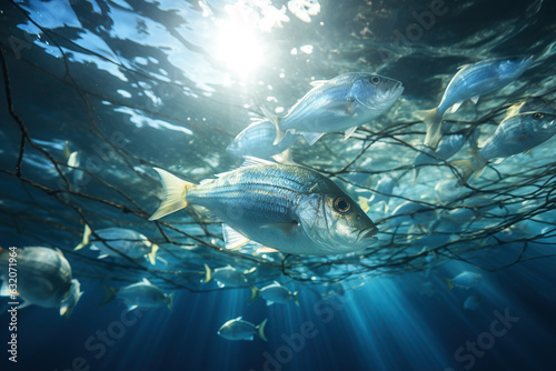 Closeup of many fish into the fishing net, ai generative, fishing industry, Fish farming, aquaculture nets.