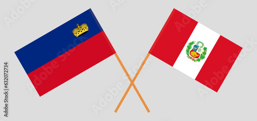 Crossed flags of Liechtenstein and Peru. Official colors. Correct proportion