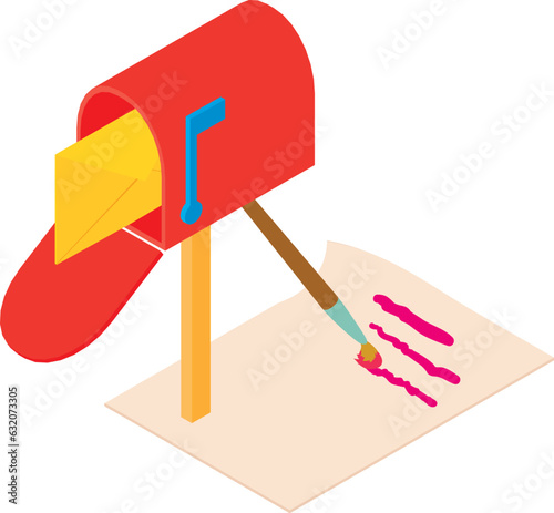 Paper correspondence icon isometric vector. Opened red mailbox and paper letter. Correspondence, postal service