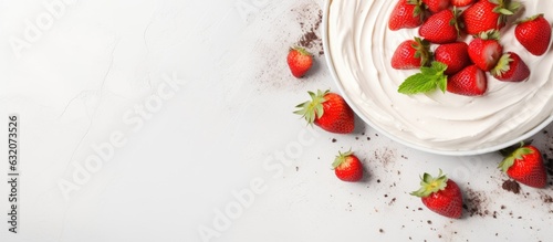 menu concept for a healthy eating food background, featuring a sweet mascarpone dessert cake with strawberries. is a top view with copy space for text.